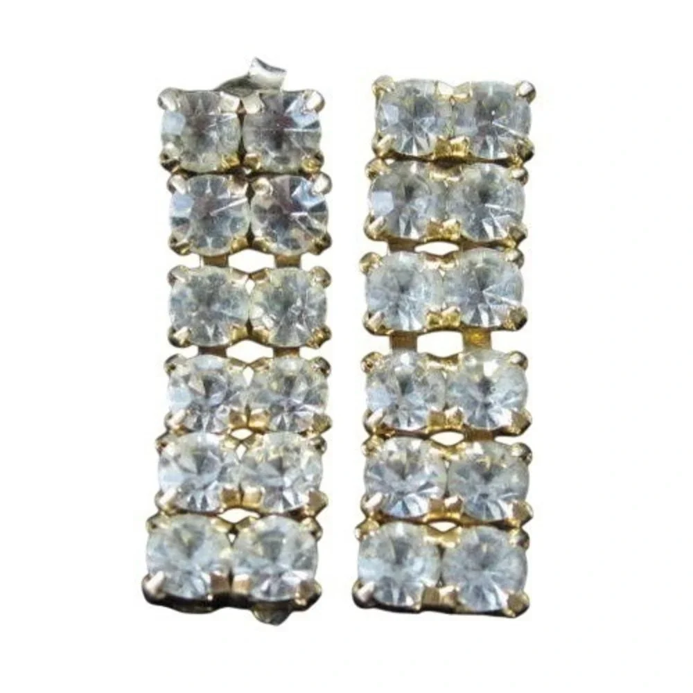 Vintage‎ Brilliant Clear Rhinestone Dangling Gold Plated Pierced Earrings